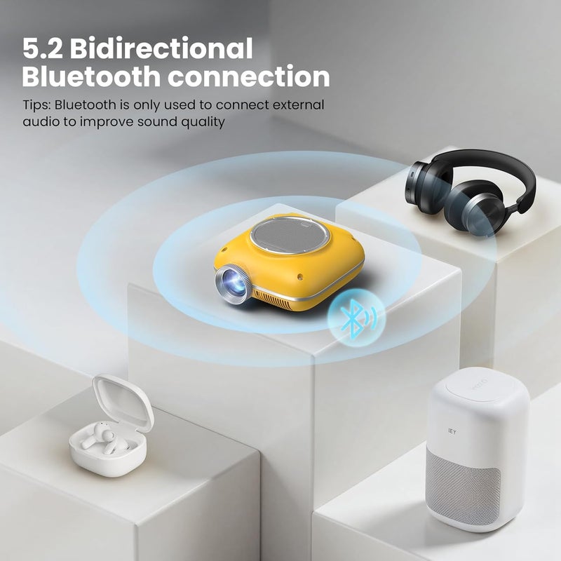 HOMPOW Mini Projector with Two -Way Bluetooth, Portable Projector for Home Theater Use, Support 1080P for Outdoor Projector/Movie Projector Compatible with HDMI, USB, Laptop, TV Stick (Yellow) - Image 4